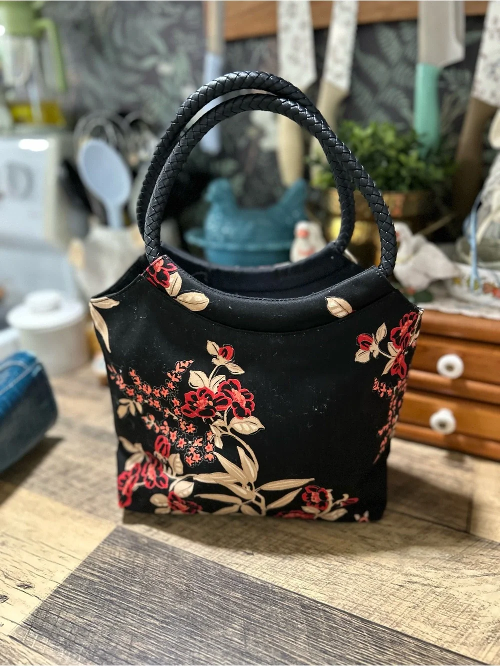 Old Navy Vintage Y2K Black Floral Cotton Handbag Braided Handles
